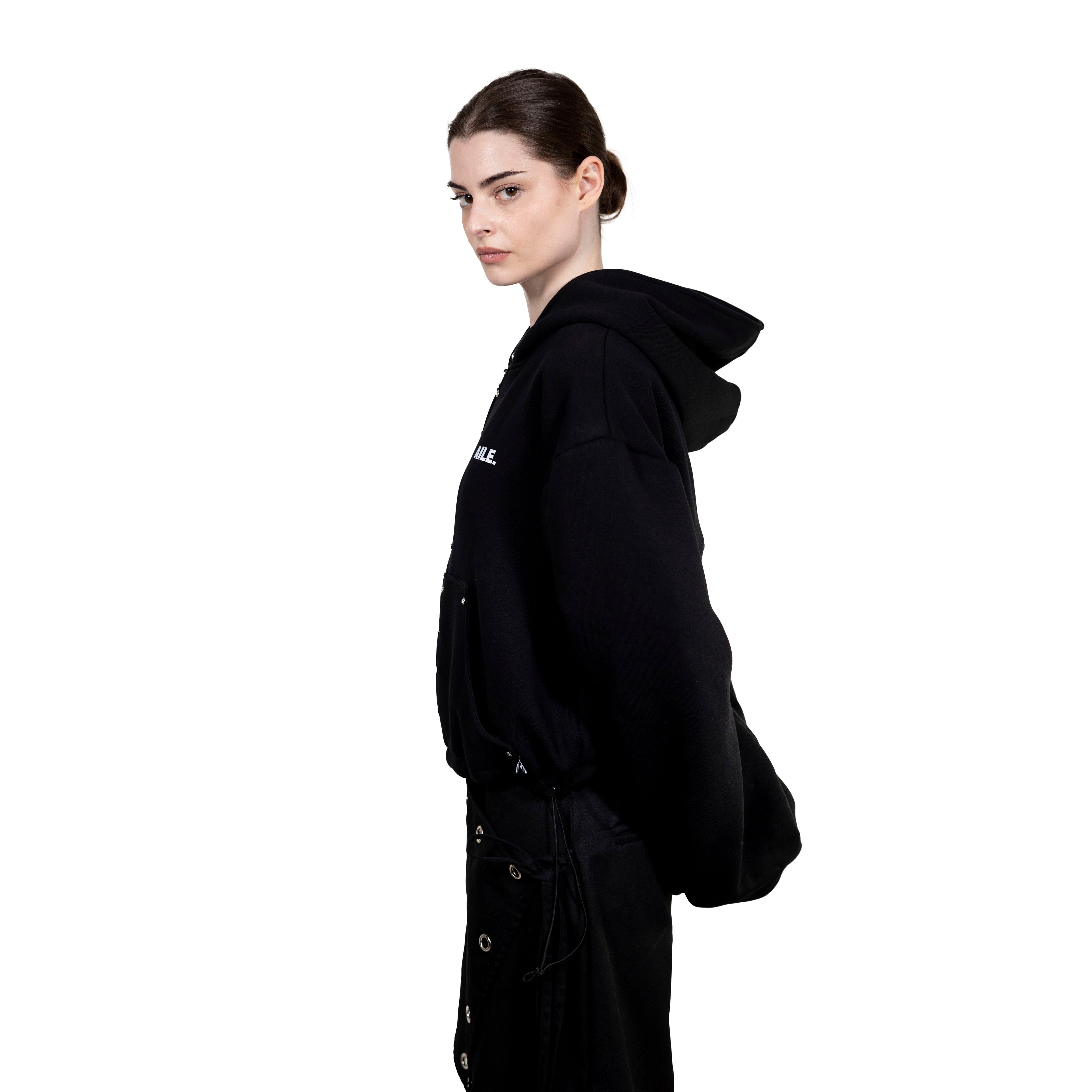 Black zip-up hoodie with crystals. Front pockets and AILE logo on the chest.