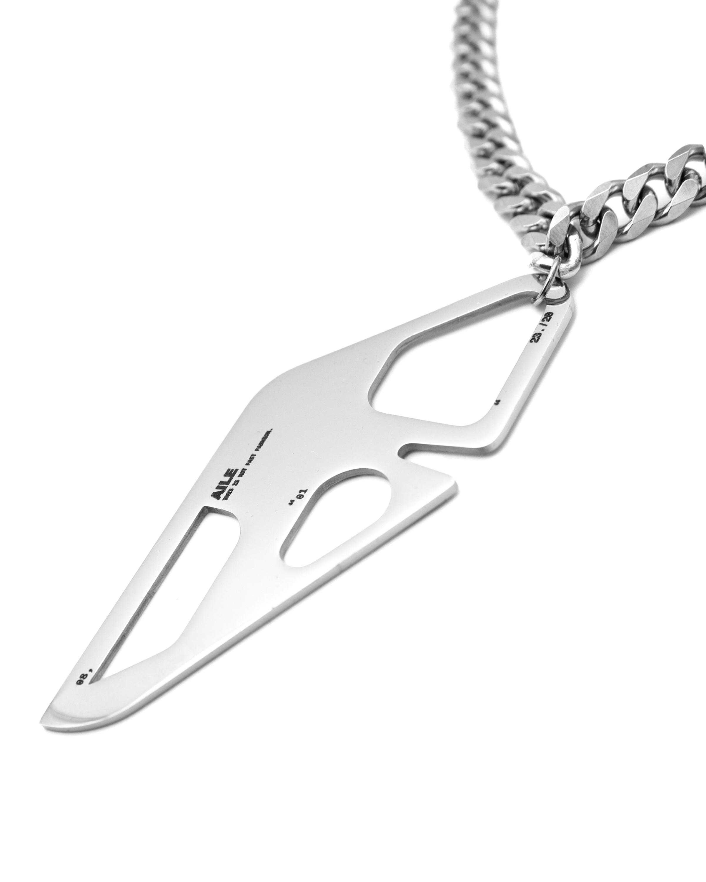 Stainless steel chain necklace with large central charm with laser engraved AILE logo.
