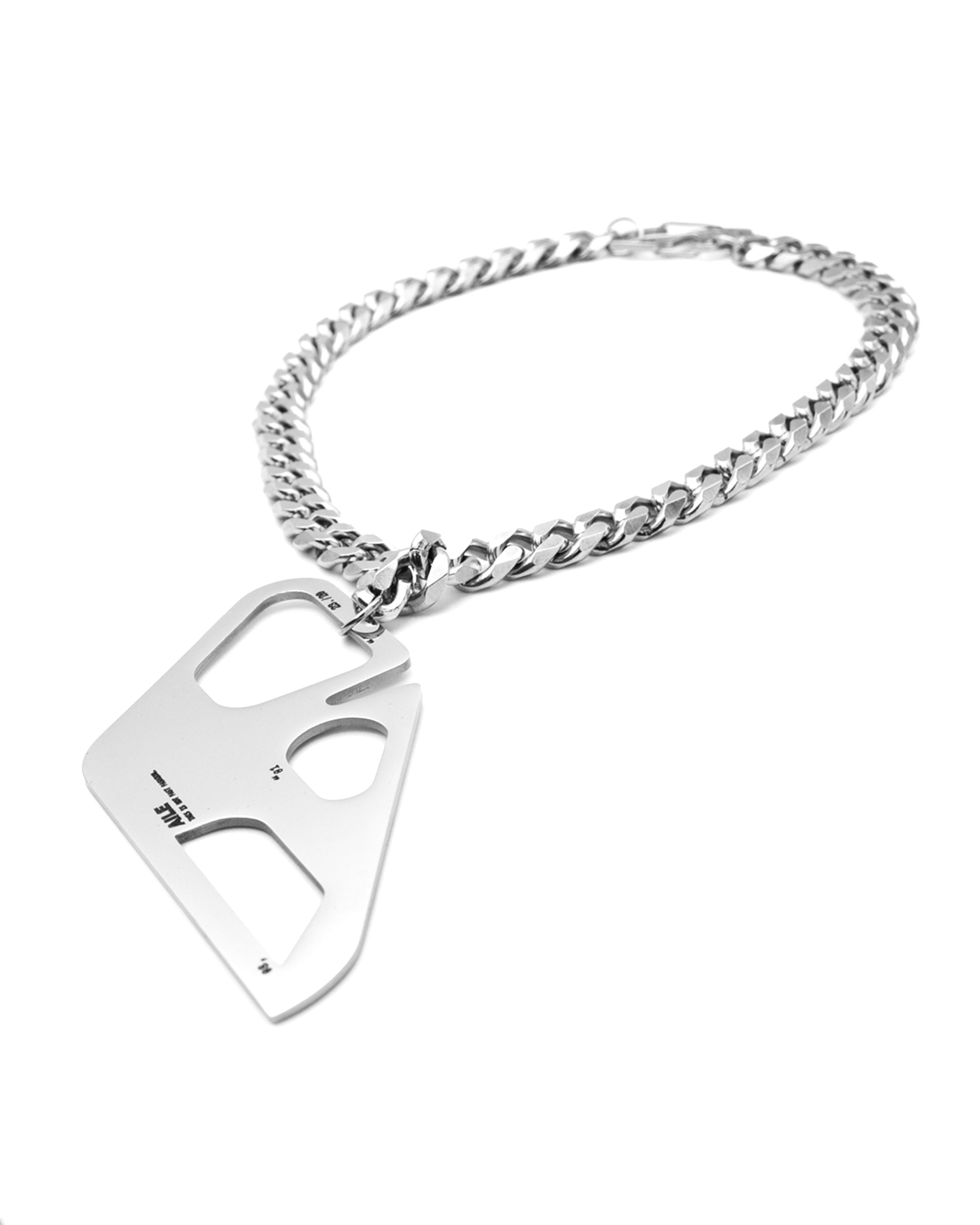Stainless steel chain necklace with large central charm with laser engraved AILE logo.