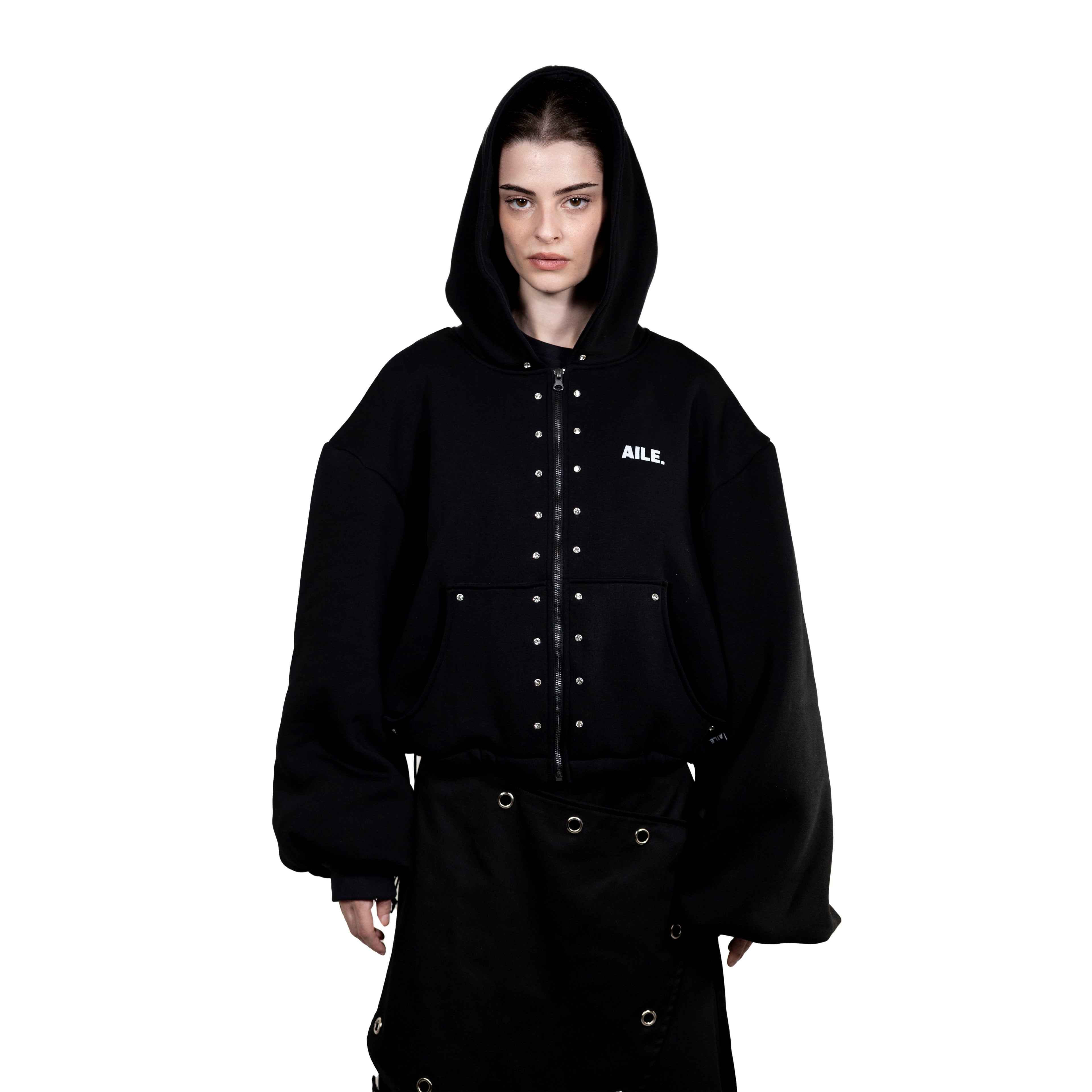 Sudadera AILE BRAND negra  hecha a mano en Vigo, Galicia.