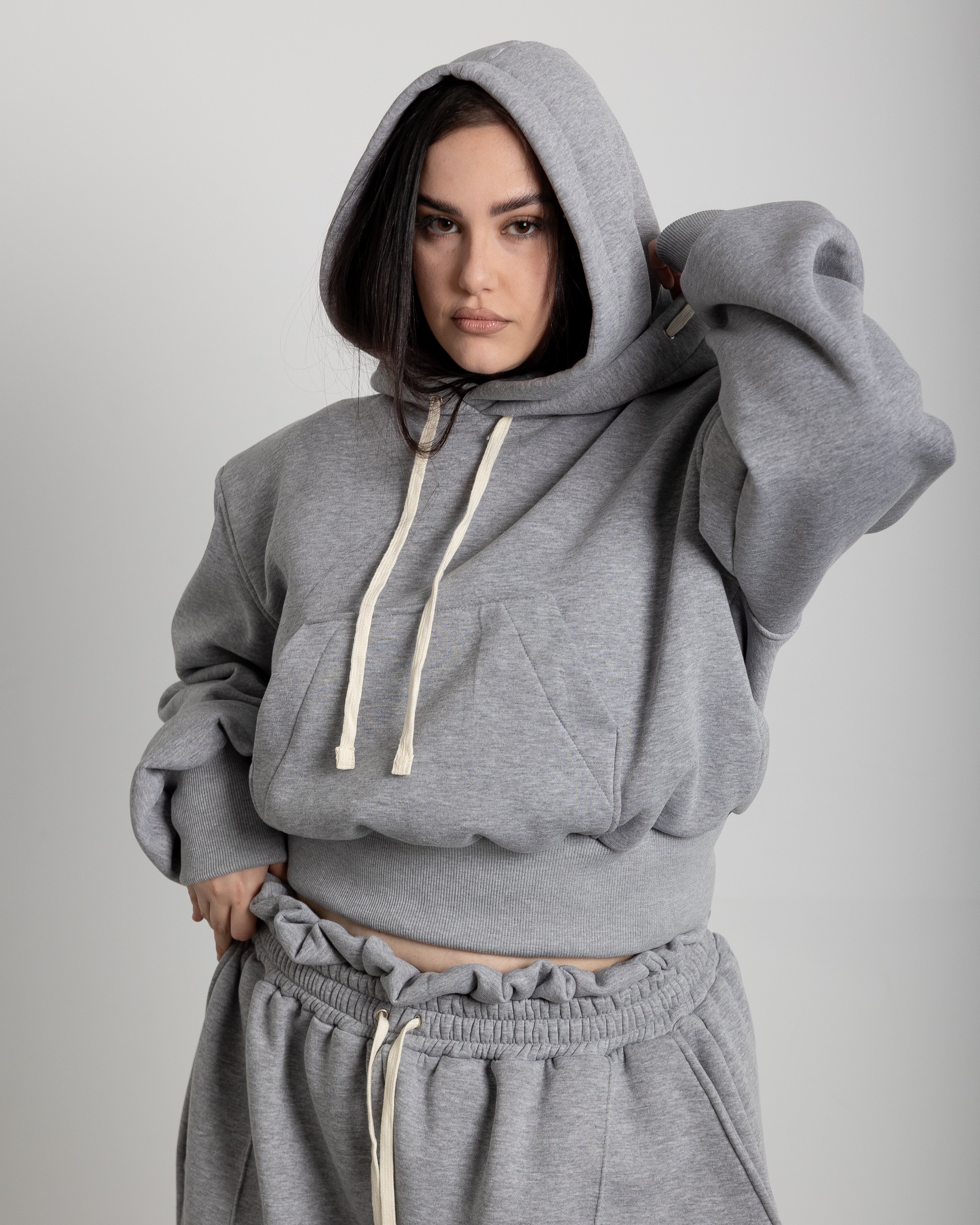 GREY PLEATED BACK HOODIE